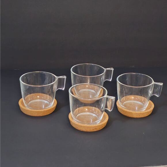 Ikea  set of  4 clear glass cups Tea, Coffee with bamboo coasters 8oz. - Picture 2 of 5